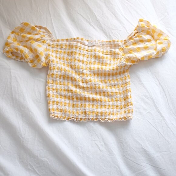Ardene yellow gingham puff sleeves smocked top - Picture 1 of 1